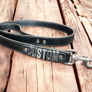 Leather Leash | Custom made Stitched Leather Lead | Handmade Black personalised lead l custom made  leash 20mm chrome letters faux leather
