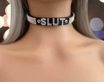 Leather Collar Leather Collar Choker I 15mm Wide 12mm Diamante Letters & Mesh Trim Custom Made Leather Collar Personalised Collar Choker