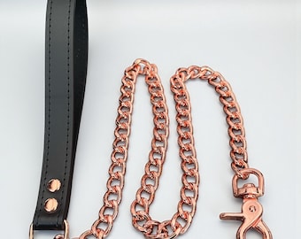Chain lead with Leather Handle   Handmade Luxury bondage Gear bdsm Leash  Submissive Slave  Chain Leash Lead Sub Leash rose gold leash