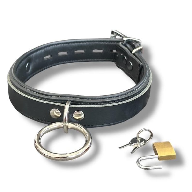 May include: A black leather collar with a silver-colored metal ring and buckle. The collar has a white stripe and is accompanied by a small padlock and two keys. The collar is approximately 1.5 inches wide.