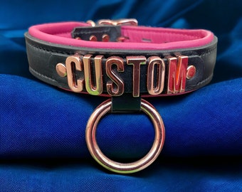 Gargantilla de cuero con anilla colgante | Collar hecho a medida | Collar acolchado de cuero genuino de 30 mm de ancho | Gargantilla color oro rosa hecha a mano | Libre de níquel