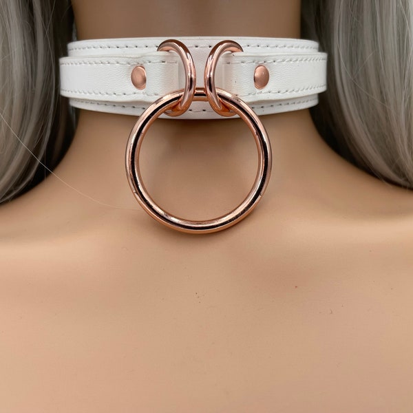 Leather O Ring Choker Collar | Vegan Leather Layered 24mm Wide 35mm Ring | Hardware Rose Gold I Baby Pink, Black White & Purple