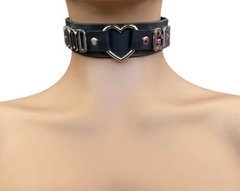 Leather  choker  Collar Black  Leather 30mm Wide  Heart Ring I Handmade Locking collar choose your own wording good girl collar heart choker