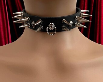 Gothic Punk Leather Double Spiked Skull Collar | Goth Black Skulls Choker Necklace Punk Gifts