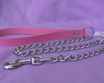Kink Leash Pet Play Gear Real Leather Handle And Chrome Chain | Handmade Fetish Ware in Red, Black & Pink
