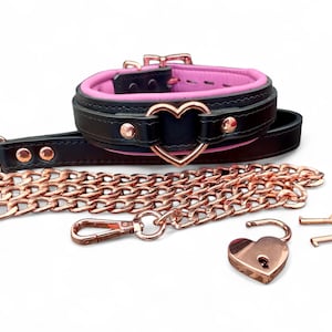 Leren halsband en halsketting | Zwart gewatteerd leer 30 mm brede hartring I handgemaakte vergrendelingsketting | bondagehalsband HLCWL