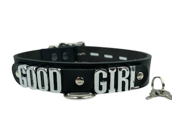 Real Leather Good Girl Collar I Choose Any Word I Handmade Fetish Custom Choker 24mm Wide With 18mm Chrome Letters I Red Pink