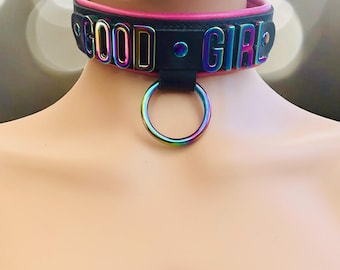 Good Girl Collar l Genuine padded leather collar I 30mm Wide 20mm Iridescent Letters Quality Handmade leather Choker Collar I Custom Collar
