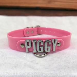 Piggy PVC Collar Custom Made Collar I Choose Any Name I Pink PVC collar 24mm Wide 18mm Chrome Letters Handmade l Custom Made Choker