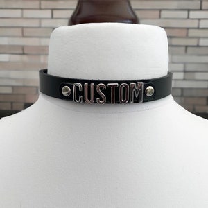 Genuine Leather Choker Collar | Personalized Jewelry I Custom Name I 16mm Wide in Red, Pink or Black Leather Collar Polished Chrome Letters