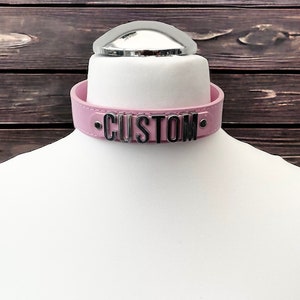Baby Pink Leather Collar Choker 24mm wide 20mm Chrome Letters Custom Made Leather Collar Personalised Collar Choose Any Wording