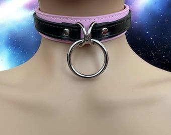 Leather Choker Collar - Vegan Leather Layered Custom Collar with 30mm O Ring, 24mm Wide - Handmade Slave Collar 5 Variations