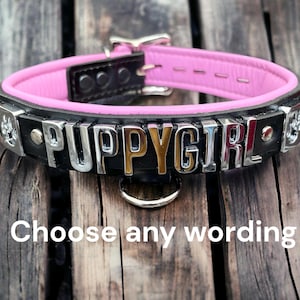 Leather choker Puppy Girl Custom Locking Collar I Choose Your Own Word I Pet Play Gear I Quality Stitched Leather Gear 30mm Wide Handmade