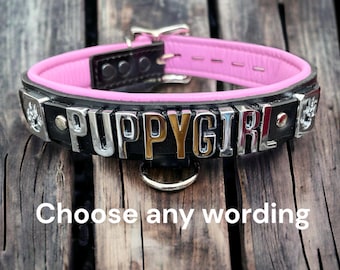 Leather choker Puppy Girl Custom Locking Collar I Choose Your Own Word I Pet Play Gear I Quality Stitched Leather Gear 30mm Wide Handmade