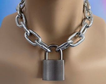 Bdsm Choker Chain  Stainless Steel Padlock I Punk Goth Padlock And Chain 6mm Chain 40mm Padlock Necklace sub collar Silver Padlock human pup