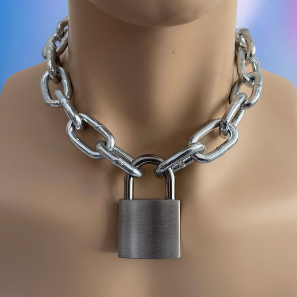Choker Chain with Stainless Steel Padlock I Punk Goth Padlock And Chain 6mm Chain 40mm Padlock Necklace sub collar  padlock