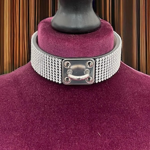 May include: A silver choker necklace with a silver buckle and a row of rhinestones.