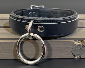 genuine leather collar Choker  I Choker Collar Black Padded & Stitched Leather I 35mm O Ring Locking Collar Handmade | LYD30
