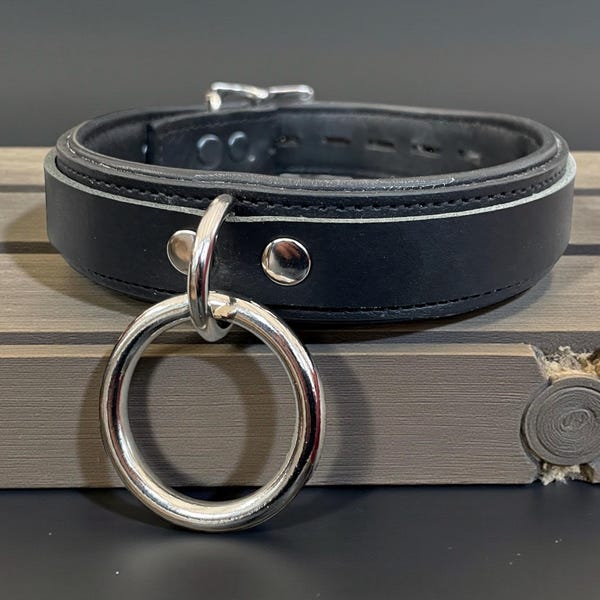 Collar de bondage bdsm, gargantilla de cuero genuino, gargantilla I, gargantilla negra acolchada y cosida de cuero I, collar con cierre de anilla en O de 35 mm