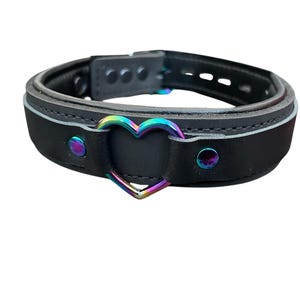 May include: Black leather choker with a rainbow heart-shaped metal ring.