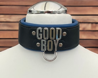 Genuine Leather Collar Good Boy 50mm Wide leather Choker Restraint I Real Padded Leather I Handmade Custom Slave Lockable Collar Pink Blue