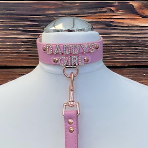 Daddys girl collar Faux Leather Collar & Matching Lead I Pink Leather Choker Personalized Handmade Custom Collar 30mm Wide Diamante Bling RG