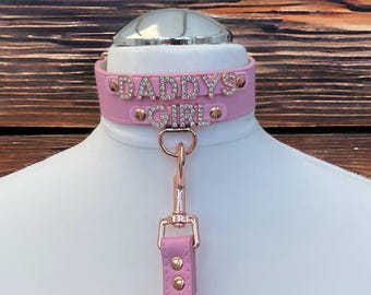 Daddys girl collar Faux Leather Collar & Matching Lead I Pink Leather Choker Personalized Handmade Custom Collar 30mm Wide Diamante Bling RG