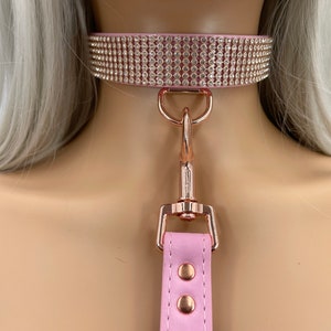 May include: A pink leather choker with a row of rhinestones and a matching pink leather leash with a gold-tone clasp.