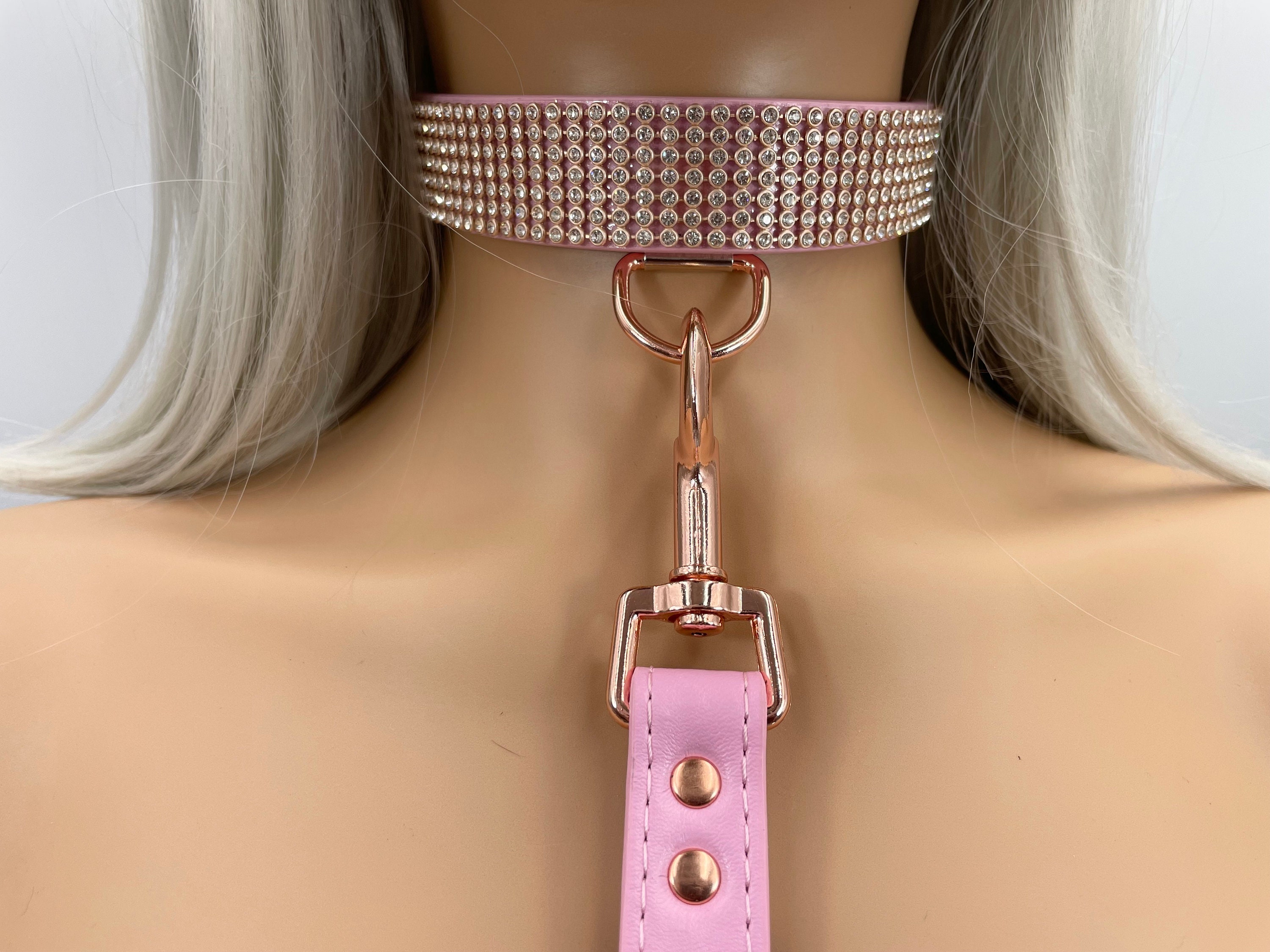 Princess Leather Choker Collars And Leash Set I Vegan Leather In Baby Pink With Rose Gold, Rhinestone Mesh 24mm Wide Handmade Locking Collar