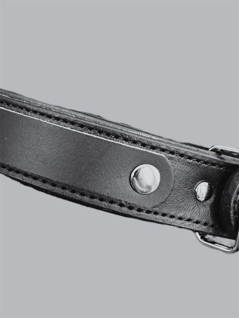 May include: Close-up of a black leather strap with silver-colored metal hardware. The strap is stitched along the edges and features a large, round silver rivet and a smaller rivet. The background is a solid gray.