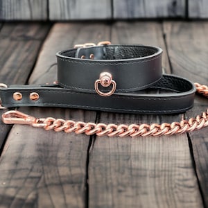 Genuine Leather Choker  and chain Leash  | Stitched real Leather Collar & Lead in Black, rose gold  high quality with soft lining