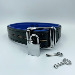 May include: A black leather collar with a blue lining and a silver padlock and two keys.