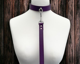 Quality Leather Collar And Leash Set I Stitched Vegan Leather I Handmade White, Purple, Black & Baby Pink Slave Collar And lead
