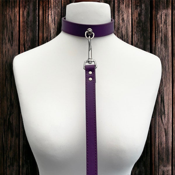 Quality Leather Collar And Leash Set I Stitched Vegan Leather I Handmade White, Purple, Black & Baby Pink Slave Collar And lead