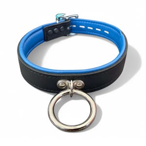 May include: Black leather collar with a blue lining and a silver ring attached.
