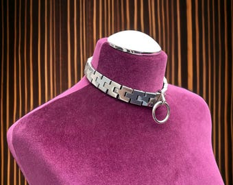 Chain-link adjustable BDSM Silver Stainless Steel collar, locking collar, bondage collar, bondage gear, O ring, BDSM play, bondage play ssc3