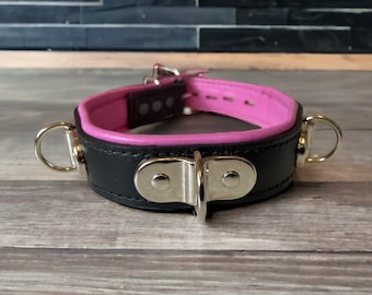 Genuine Leather Collar Choker I Comfy Quality Padded Stitched Leather Choker 3 x 20mm D Rings I Handmade Custom Collar I Red Pink Leather