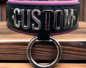 Genuine leather collar I Choose Your Words I 50mm Wide 30mm Letters Quality Handmade leather Choker Collar I Custom Collar 40mm o ring 5040