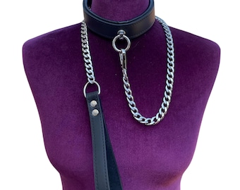 Collar And Chain Lead Set I Quality Padded Handmade Leather 30mm Wide | Leather choker collar and chain leash l leather choker | CL_O_SL