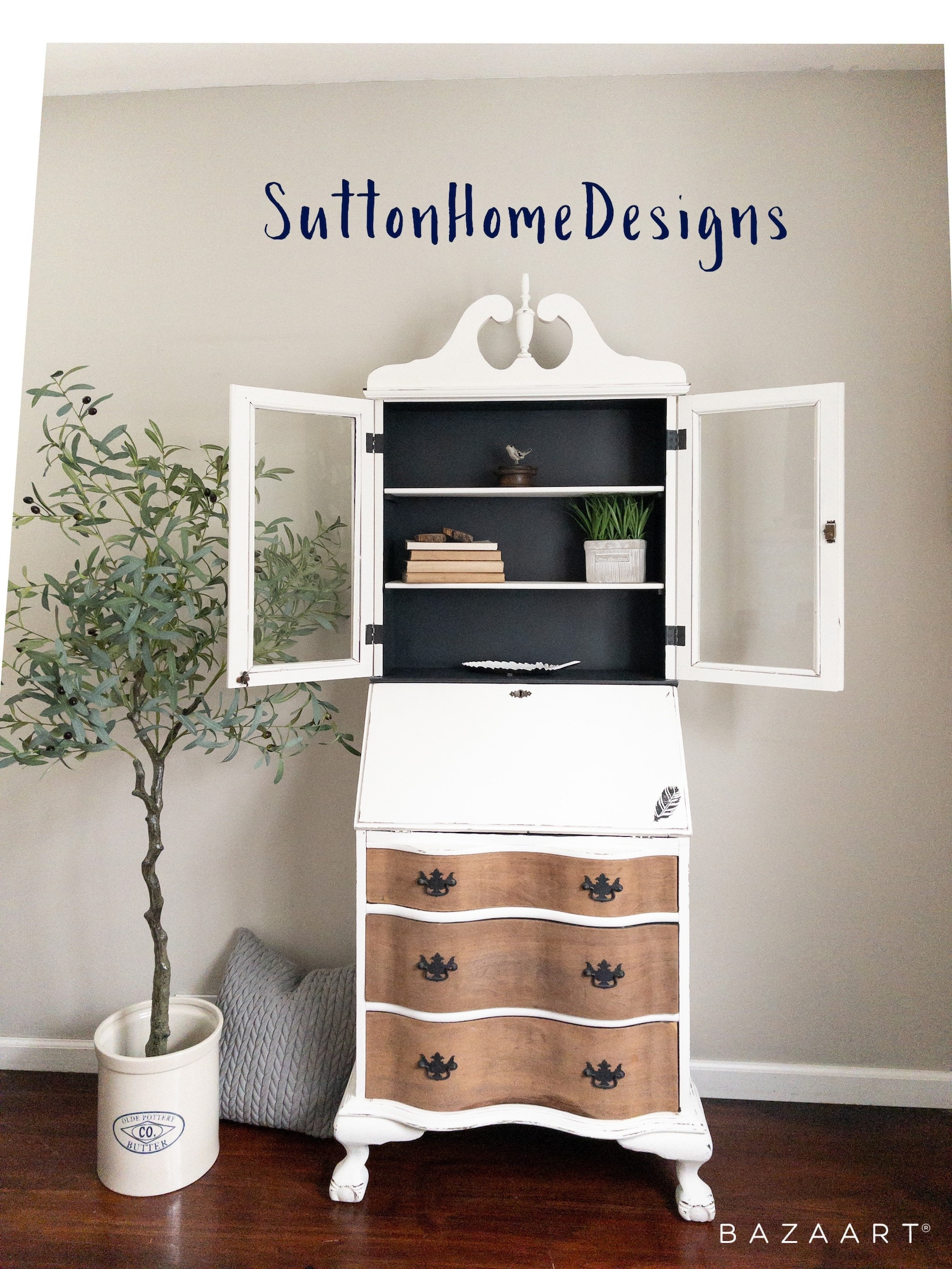 SOLD Antique Refinished Secretary Desk With Hutch, Entryway, Living