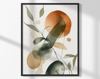 Abstract Watercolor Print: Olive Green, Orange (Digital Download)