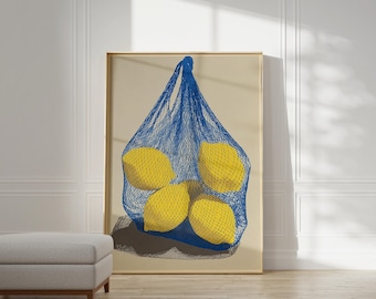 Lemons in Blue Net Bag, Modern Kitchen Still Life Art Print (Digital Download)