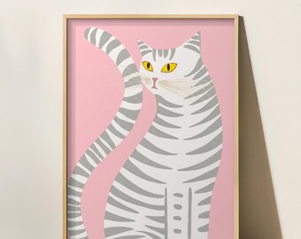 Pink and Grey Cat Illustration, Whimsical Feline Illustration (Digital Download)