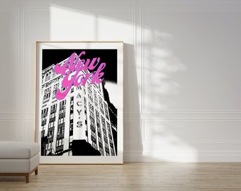 New York Cityscape Print: Pink Letters, Black & White (Digital Download)