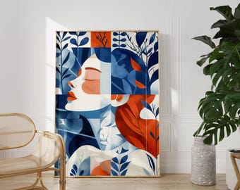 Blue and White Woman Art Poster: Abstract Redhead Portrait (Digital Download)