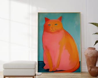 Orange Cat Art Print, Minimalist Animal Painting (Digital Download)
