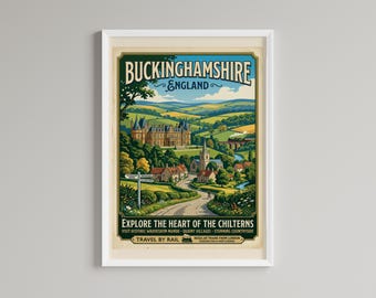 Buckinghamshire Vintage Travel Poster, British Countryside Landscape Art(Digital Download)