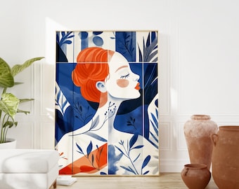 Abstract Red Haired Girl Portrait with Geometric and Botanical Designs - Blue and White Print