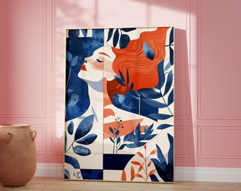 Redhead Woman Art Poster: Blue & White Modern Portrait (Digital Download)