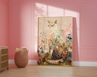 Floral Cat Art Print, Whimsical Feline Illustration (Digital Download)